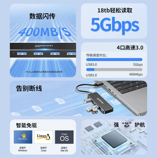 达而稳 USB3.0 扩展坞 Type-C 一拖四分线器笔记